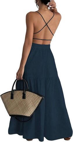 SHENHE Women's Summer Backless Maxi Dress Criss Cross Open Back Tiered Ruffle Flowy Long Sundress in Kuwait