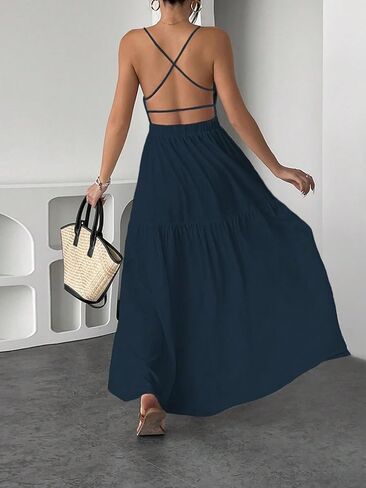SHENHE Women's Summer Backless Maxi Dress Criss Cross Open Back Tiered Ruffle Flowy Long Sundress in Kuwait