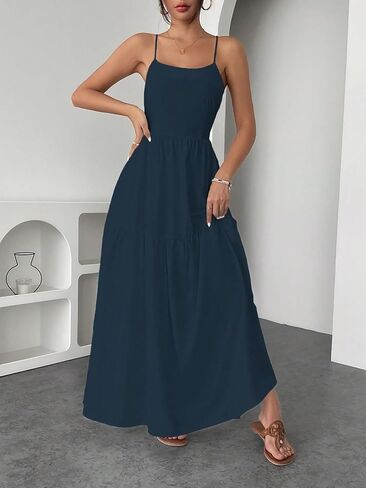 SHENHE Women's Summer Backless Maxi Dress Criss Cross Open Back Tiered Ruffle Flowy Long Sundress in Kuwait