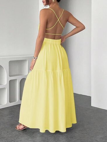 SHENHE Women's Summer Backless Maxi Dress Criss Cross Open Back Tiered Ruffle Flowy Long Sundress in Kuwait