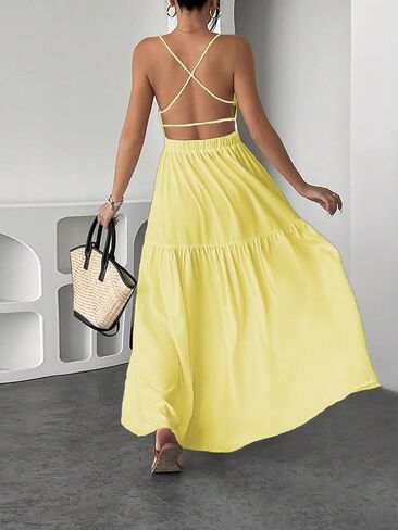 SHENHE Women's Summer Backless Maxi Dress Criss Cross Open Back Tiered Ruffle Flowy Long Sundress in Kuwait