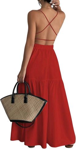 SHENHE Women's Summer Backless Maxi Dress Criss Cross Open Back Tiered Ruffle Flowy Long Sundress in Kuwait