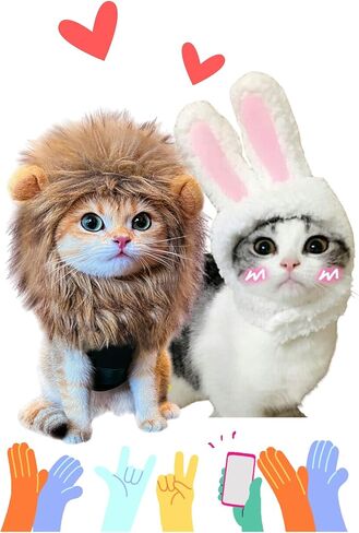 2 PCS Cat Bunny Ears & Cat Lion Mane Wig for Cat Costume ، Cat Hats for Cats فقط ارتداء ملابس عيد الفصح في عيد الفصح ، أزياء هريرة ، صورة عيد ميلاد ، in Saudi Arabia