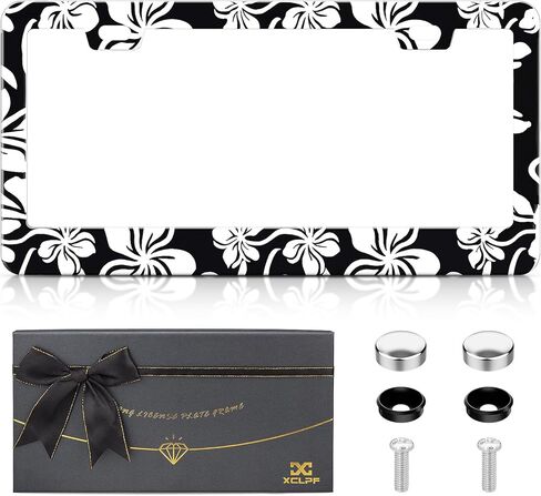 XCLPF Black & White Floral License Plate Frame for Cars – 2-Hole Aluminum Alloy Car Plate Cover Holder with Gift Box, Rustproof Auto Accessories, Universal 12x6 Inch in Kuwait