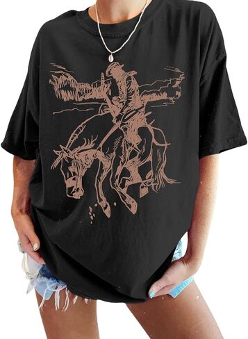 Western Cowboy Shirts for Women Oversized Vintage Rodeo Graphic Tees Boho Country Music Cute Cowgirl Summer Tops in Kuwait