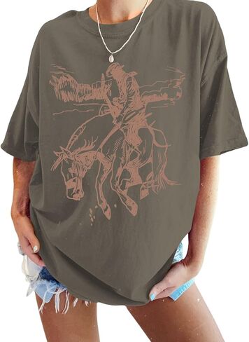 Western Cowboy Shirts for Women Oversized Vintage Rodeo Graphic Tees Boho Country Music Cute Cowgirl Summer Tops in Kuwait