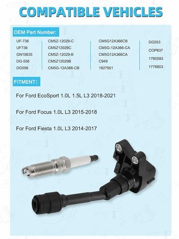 مجموعة من 3 UF736 Ignition Coil Pack و Iridium Sparks For Ford EcoSport 1.0L 1.5L 2018-2021 ، Focus 1.0L 2015-2018 ، Fiesta 1.0L 2014-2017 ، استبدل # CM5Z12029B CM5Z12029C C949 GN10635 COP637 in Saudi Arabia