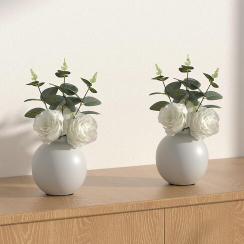 Artificial Flowers with Ceramic vase Set of 2, Combination of six White Roses and Greenery, Small Plant Potted Decor for Offices, Bookshelf, Bedroom, Living Room, Party, Wedding Decorations in Saudi Arabia