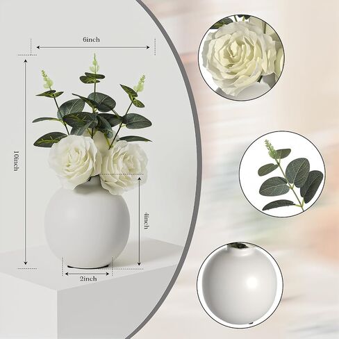 Artificial Flowers with Ceramic vase Set of 2, Combination of six White Roses and Greenery, Small Plant Potted Decor for Offices, Bookshelf, Bedroom, Living Room, Party, Wedding Decorations in Saudi Arabia