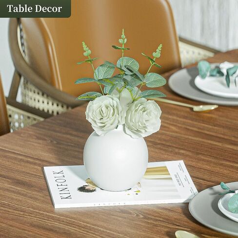 Artificial Flowers with Ceramic vase Set of 2, Combination of six White Roses and Greenery, Small Plant Potted Decor for Offices, Bookshelf, Bedroom, Living Room, Party, Wedding Decorations in Saudi Arabia