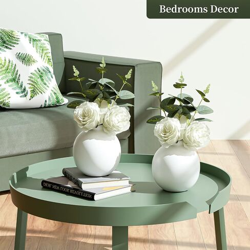 Artificial Flowers with Ceramic vase Set of 2, Combination of six White Roses and Greenery, Small Plant Potted Decor for Offices, Bookshelf, Bedroom, Living Room, Party, Wedding Decorations in Saudi Arabia