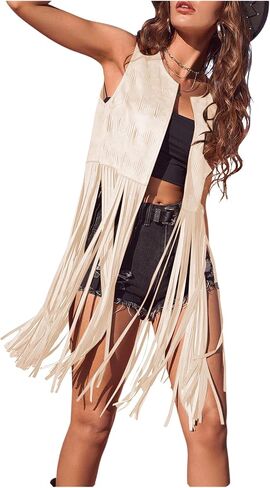 Women's Fringe Vest Sleeveless 70s Hippie Faux Suede Vest Jacket Boho Trim Western Tassel Cardigan Vest Coat in Saudi Arabia