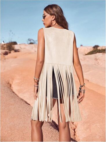 Women's Fringe Vest Sleeveless 70s Hippie Faux Suede Vest Jacket Boho Trim Western Tassel Cardigan Vest Coat in Saudi Arabia