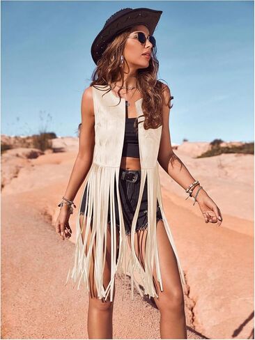 Women's Fringe Vest Sleeveless 70s Hippie Faux Suede Vest Jacket Boho Trim Western Tassel Cardigan Vest Coat in Saudi Arabia