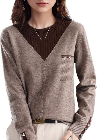 LAI MENG FIVE CATS Womens Knit Long Sleeve Crew Neck Color Layered Loose Novelty Fall Pullover Tops in Kuwait