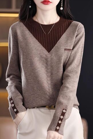 LAI MENG FIVE CATS Womens Knit Long Sleeve Crew Neck Color Layered Loose Novelty Fall Pullover Tops in Kuwait
