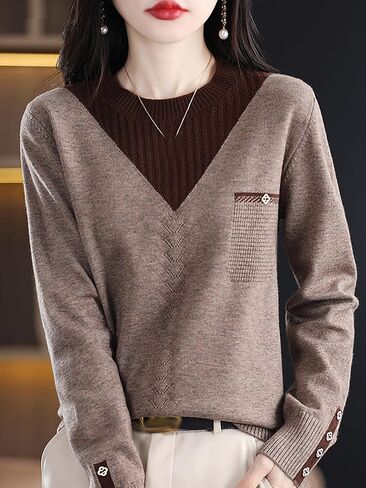 LAI MENG FIVE CATS Womens Knit Long Sleeve Crew Neck Color Layered Loose Novelty Fall Pullover Tops in Kuwait