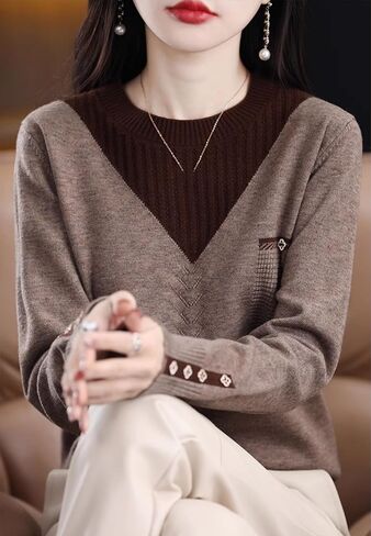 LAI MENG FIVE CATS Womens Knit Long Sleeve Crew Neck Color Layered Loose Novelty Fall Pullover Tops in Kuwait