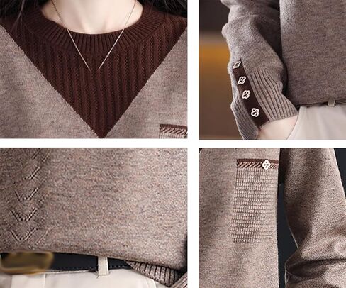 LAI MENG FIVE CATS Womens Knit Long Sleeve Crew Neck Color Layered Loose Novelty Fall Pullover Tops in Kuwait