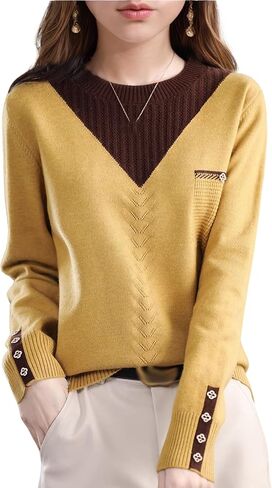 LAI MENG FIVE CATS Womens Knit Long Sleeve Crew Neck Color Layered Loose Novelty Fall Pullover Tops in Kuwait