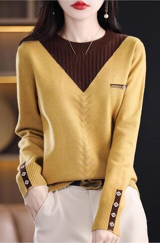 LAI MENG FIVE CATS Womens Knit Long Sleeve Crew Neck Color Layered Loose Novelty Fall Pullover Tops in Kuwait