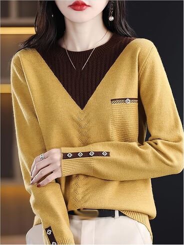 LAI MENG FIVE CATS Womens Knit Long Sleeve Crew Neck Color Layered Loose Novelty Fall Pullover Tops in Kuwait