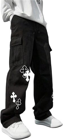 Men's Cross Graphic Baggy Cargo Pants Drawstring Waist Wide Leg Sweatpants Streetwear in Saudi Arabia