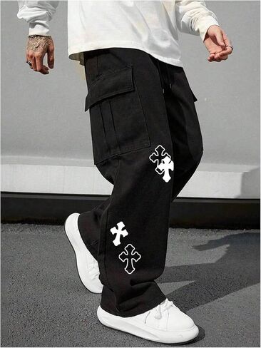 Men's Cross Graphic Baggy Cargo Pants Drawstring Waist Wide Leg Sweatpants Streetwear in Saudi Arabia