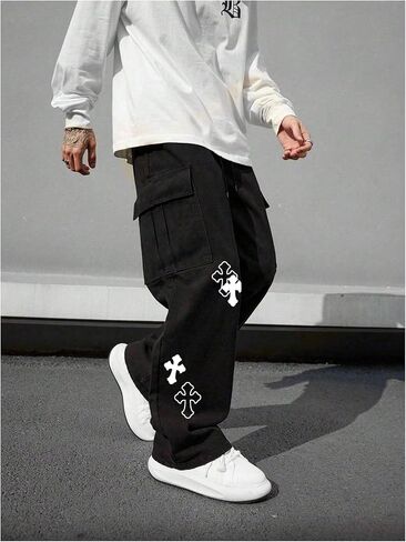 Men's Cross Graphic Baggy Cargo Pants Drawstring Waist Wide Leg Sweatpants Streetwear in Saudi Arabia