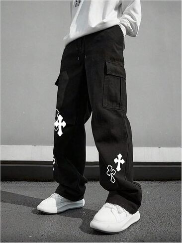 Men's Cross Graphic Baggy Cargo Pants Drawstring Waist Wide Leg Sweatpants Streetwear in Saudi Arabia