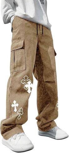 Men's Cross Graphic Baggy Cargo Pants Drawstring Waist Wide Leg Sweatpants Streetwear in Saudi Arabia