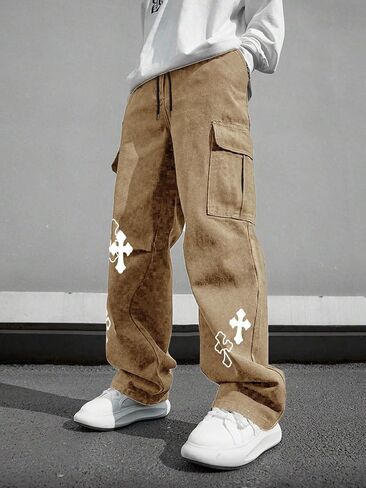 Men's Cross Graphic Baggy Cargo Pants Drawstring Waist Wide Leg Sweatpants Streetwear in Saudi Arabia