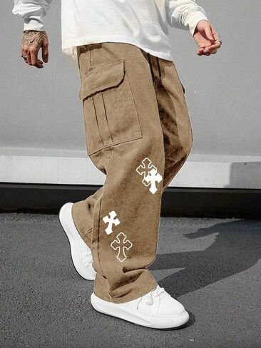 Men's Cross Graphic Baggy Cargo Pants Drawstring Waist Wide Leg Sweatpants Streetwear in Saudi Arabia