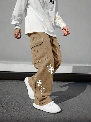 Men's Cross Graphic Baggy Cargo Pants Drawstring Waist Wide Leg Sweatpants Streetwear in Saudi Arabia