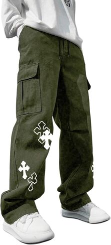 Men's Cross Graphic Baggy Cargo Pants Drawstring Waist Wide Leg Sweatpants Streetwear in Saudi Arabia