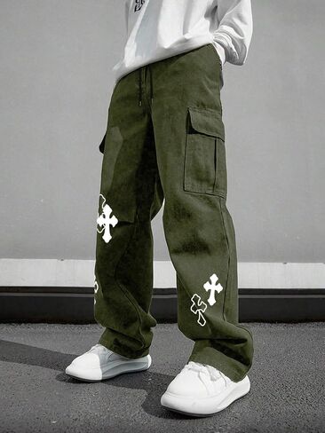 Men's Cross Graphic Baggy Cargo Pants Drawstring Waist Wide Leg Sweatpants Streetwear in Saudi Arabia