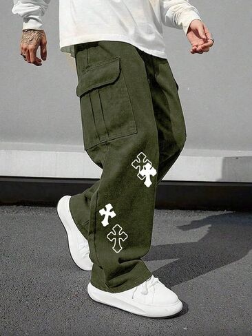 Men's Cross Graphic Baggy Cargo Pants Drawstring Waist Wide Leg Sweatpants Streetwear in Saudi Arabia