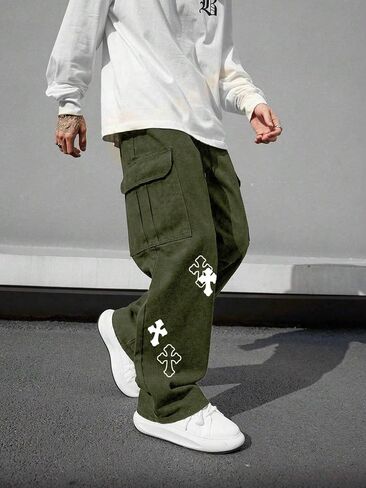 Men's Cross Graphic Baggy Cargo Pants Drawstring Waist Wide Leg Sweatpants Streetwear in Saudi Arabia
