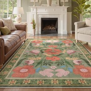 Beeiva Floral Washable 8x10 Area Rugs for Living Room, Washable Rugs 8x10 for Bedroom Indoor, Large Soft Low Pile Carpet for Office Playroom Kids Dining Room,Green in Kuwait