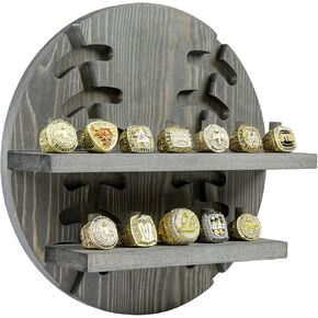 MyGift Wall Mounted 12-Peg Baseball Championship Ring Holder, Vintage Weathered Gray Solid Wood Shelf with Baseball Cutout Backing, Display & Storage for Professional League Replica Sports Fan Rings in Saudi Arabia