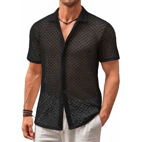 Runcati Mens Button أسفل قميص متماسك قصير الأكمام القمصان الكروشيه غير الرسمية جوفاء خارج شاطئ الصيف قمم العطلات in Saudi Arabia