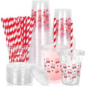 50Pcs Pink Bow Disposable Plastic Cups with Lids and Straws 12oz Cute Bow Heart Cold Beverage Drinking Cups for Bridal Shower Wedding Birthday Party Supplies in Kuwait