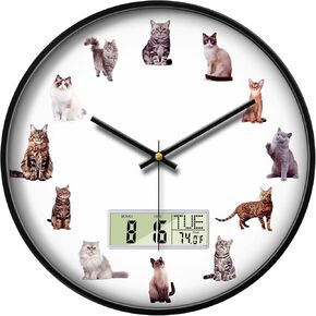 Large Display Modern LCD Clock with Calendar and Date Temperature Funny Cats Silent Battery Operated Digital Wall Clocks Non-Ticking Clock for Bathroom Kitchen Bedroom Living Room Decor 12 Inch in Kuwait