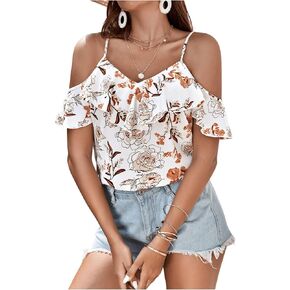 SweatyRocks Women's Boho Floral Print Cold Shoulder Ruffle Short Sleeve Blouse Top in Saudi Arabia