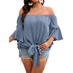 Floerns Women's Plus Size Off Shoulder 3/4 Bell Sleeve Knot Tie Front Blouses Top in Saudi Arabia