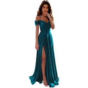 IIF Off Shoulder Satin Bridesmaid Dresses Spaghetti Strap Long Ruched A Line Formal Prom Dress with Slit IIF006 in Kuwait