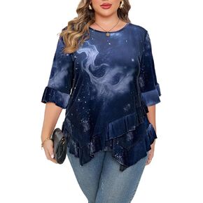 Beauhuty Plus Size Tops for Womens Tunic Ruffled Hem Crew Neck T-Shirts Casual Flowy Blouses 3/4 Ruffle Sleeve in Saudi Arabia