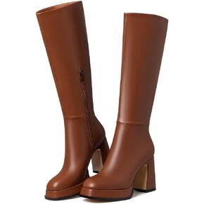 ركبة عالية أحذية منصة جلدية كعب الكعب مكتنزة الحذاء للنساء 2025 مربع سحاب جانبي in Kuwait