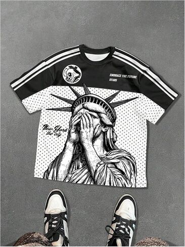GORGLITTER Men's Short Sleeve Y2k Graphic Tees Streetwear Vintage Figure Art Print Aesthetic Casual Crewneck T-Shirt in Saudi Arabia