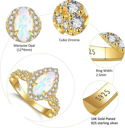 خواتم الخطوبة للنساء Opal inlay 925 Sterling Silver Marquise Opal Promises لها خاتم زواج مطلي بالذهب الأبيض/14 كيلو الحجم 5-9 in Kuwait